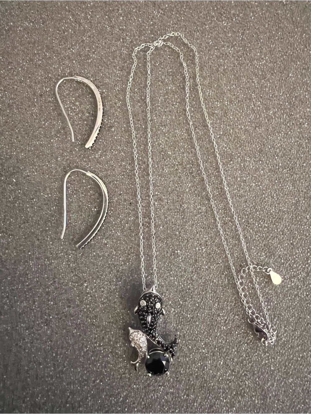 925 Sterling Silver Black Round Stone Dolphin Pendant Necklace & Earrings Set